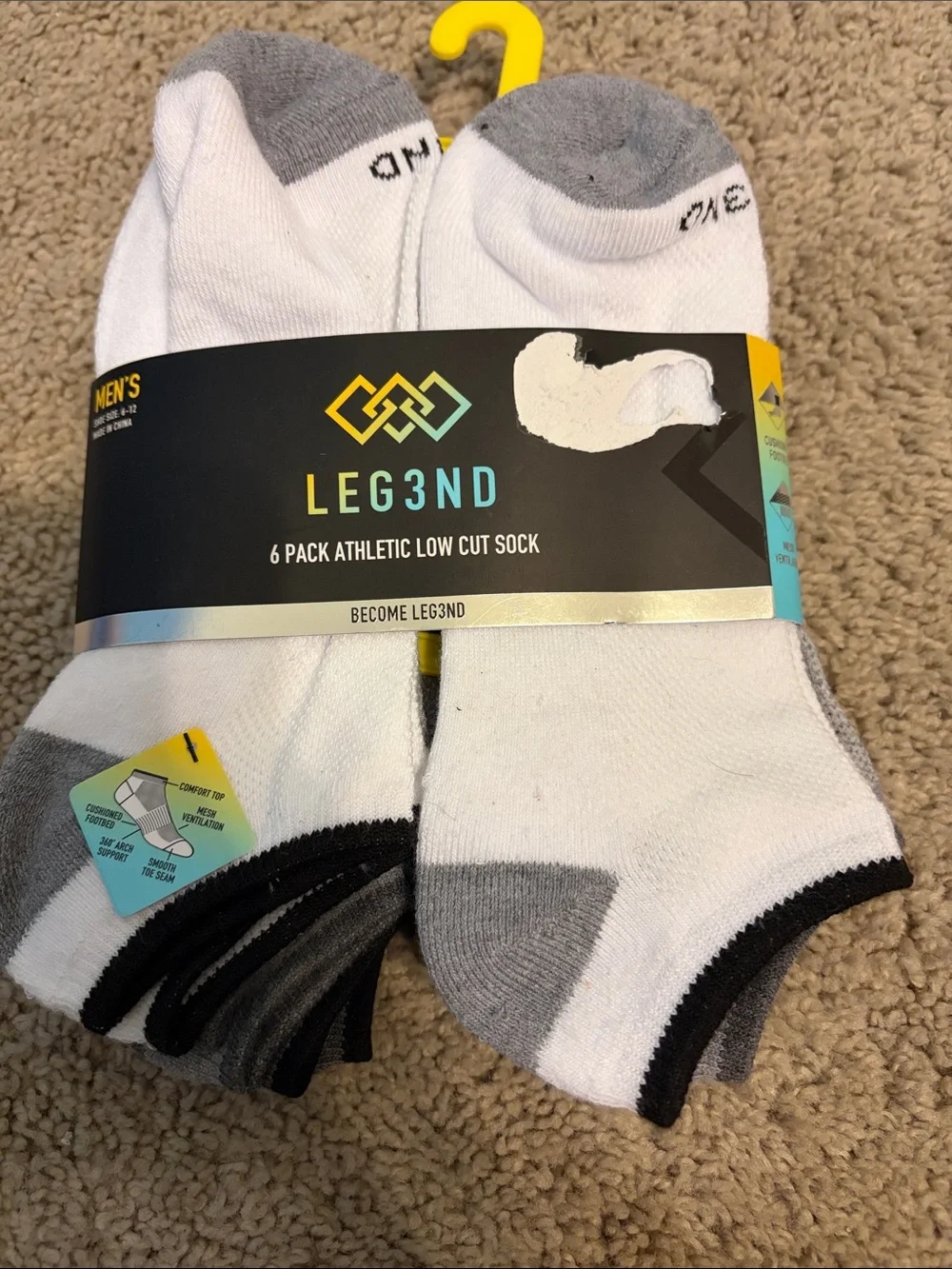 LEG3ND Men's 6-Pack Athletic Low Cut Socks - White & Gray